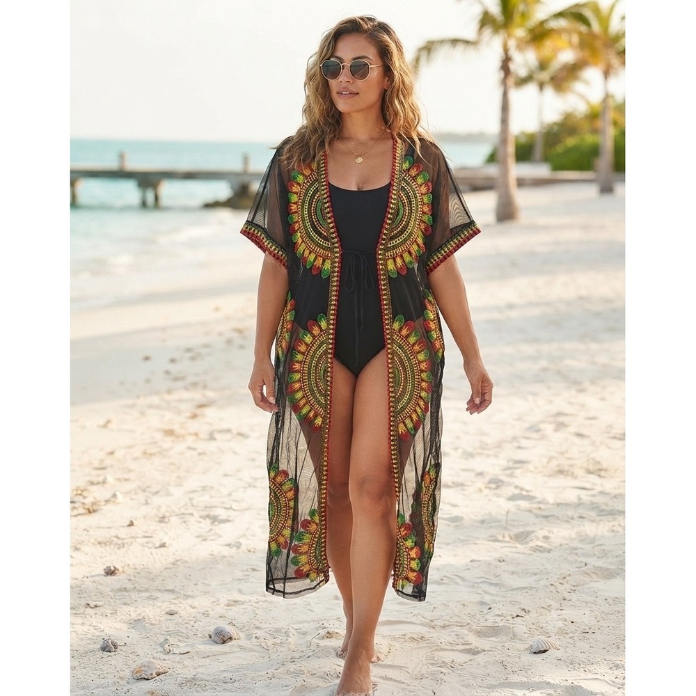 Jamaican Swimsuit Cover-up Sheer Mesh Embroidered Kimono Beach Women L/XL Black